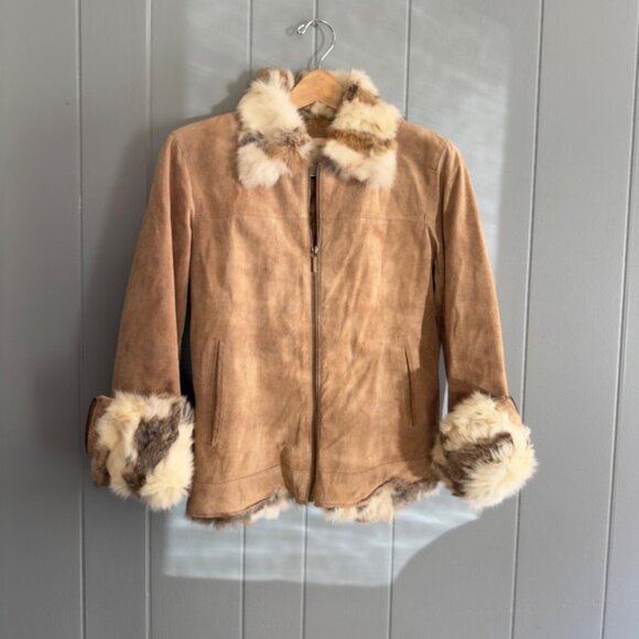 Vintage Suede Fur Trim Jacket Rabbit Collar Cuffs Y2K Mob Wife Boho Chic Medium - Picture 8 of 12